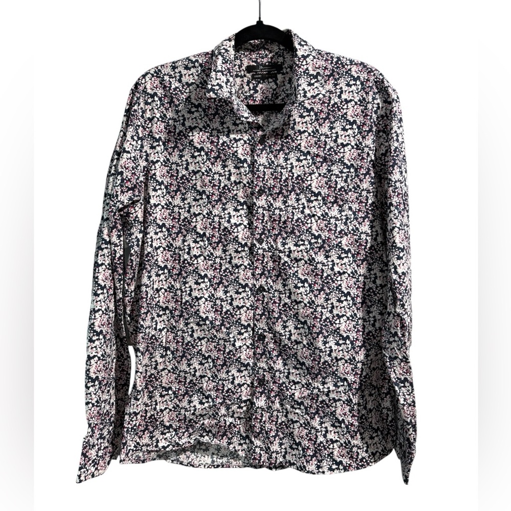 Marc Anthony‎ Luxury Slim Fit Floral Button Down Shirt Navy Pink Men's Size L